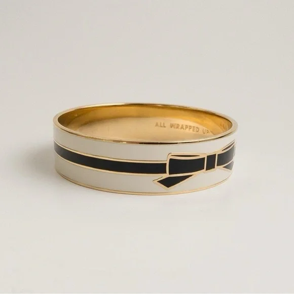 Kate Spade Enamel All Wrapped Up Bangle Cuff Bracelet Black White Enamel Gold - Picture 2 of 6